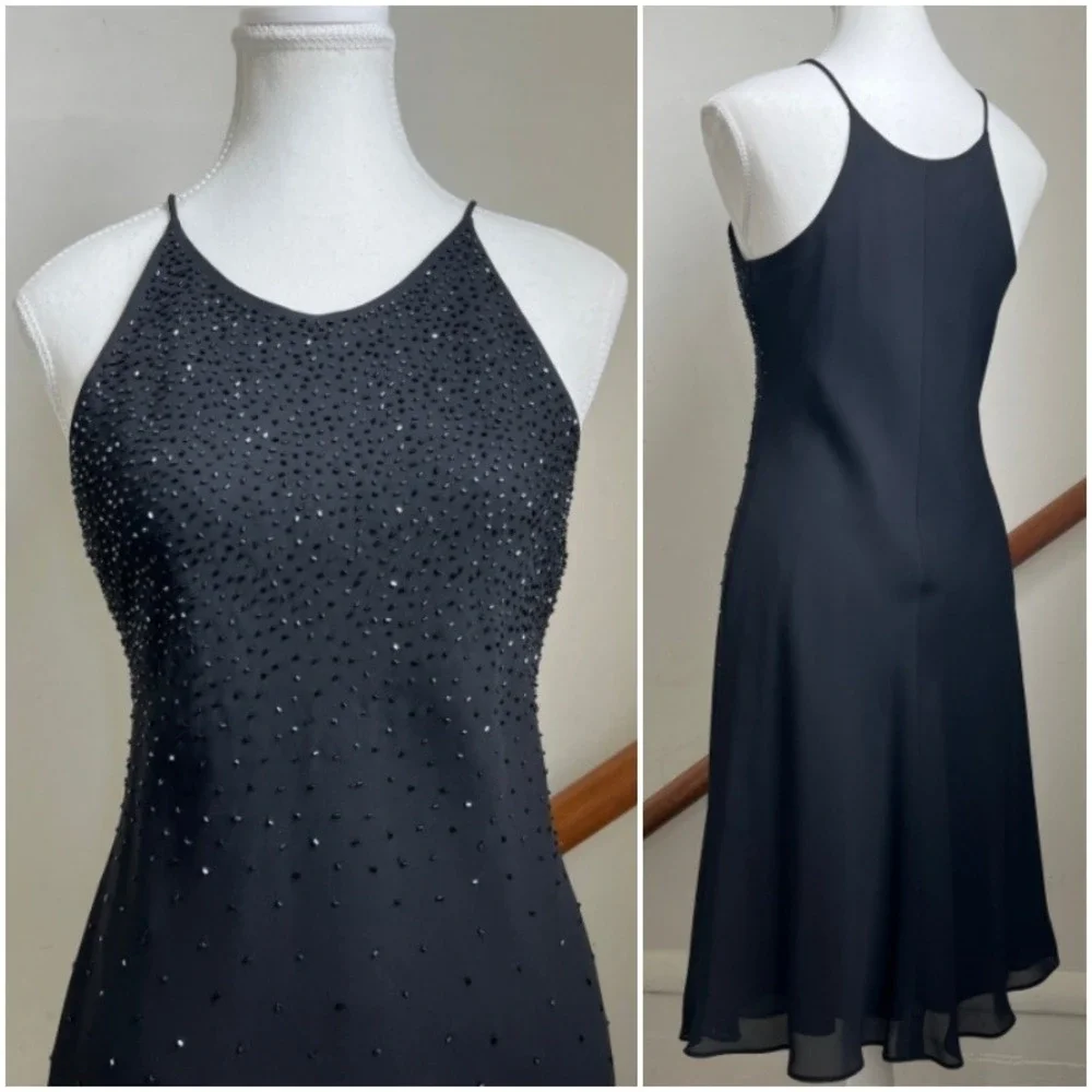 Vintage 90s black beaded formal midi‎ dress Carrie Bradshaw sparkly LBD